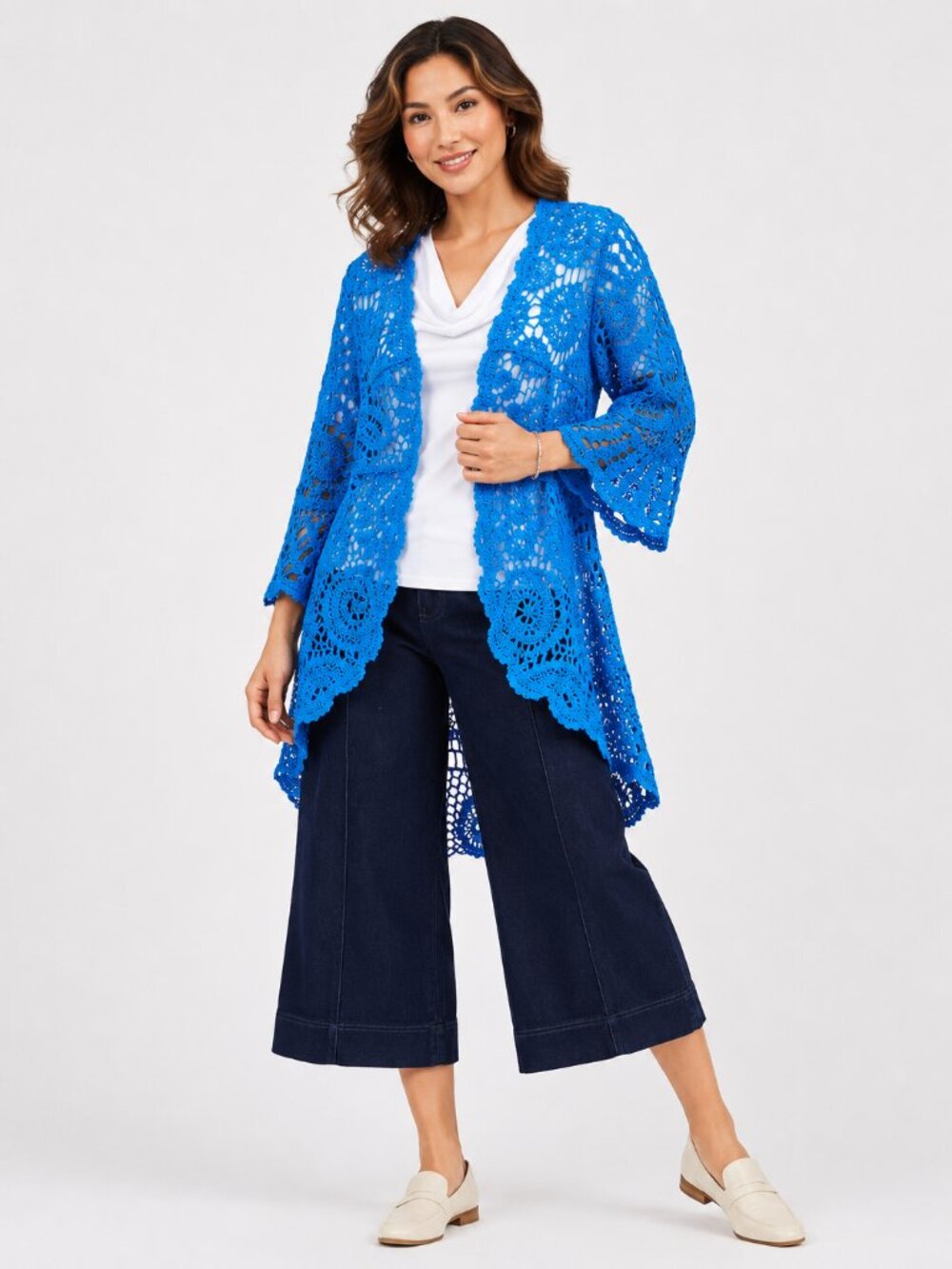 Nina Leonard ocean Surf Crochet Bell Sleeve High Low Cardigan NWOT
